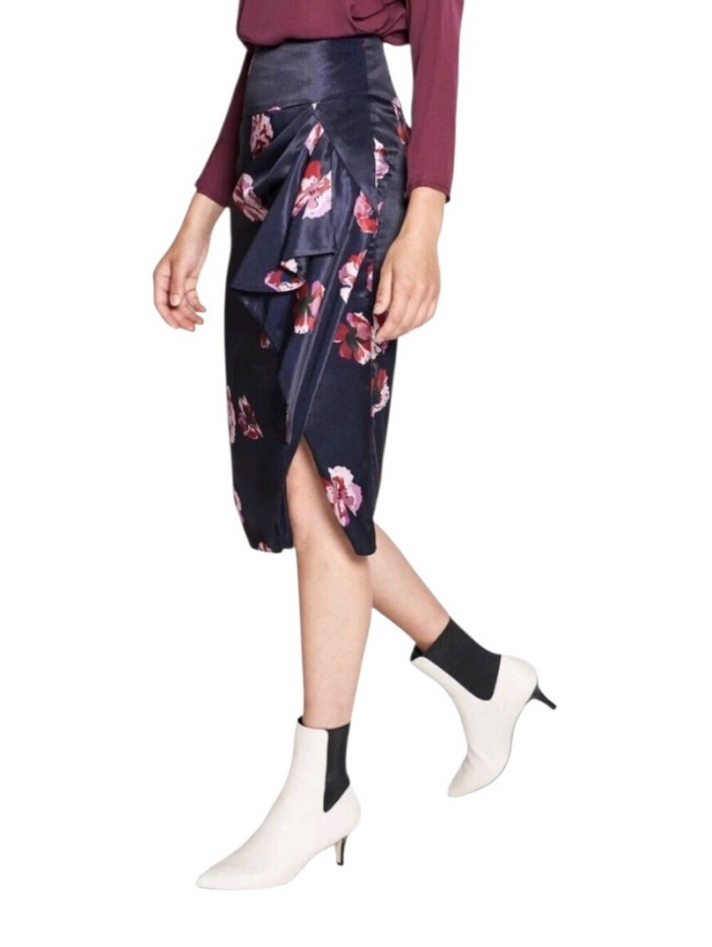 Joie Alphina Floral Draped Pencil Skirt NWT Silk Look Navy Pink Size 2 - Picture 4 of 10